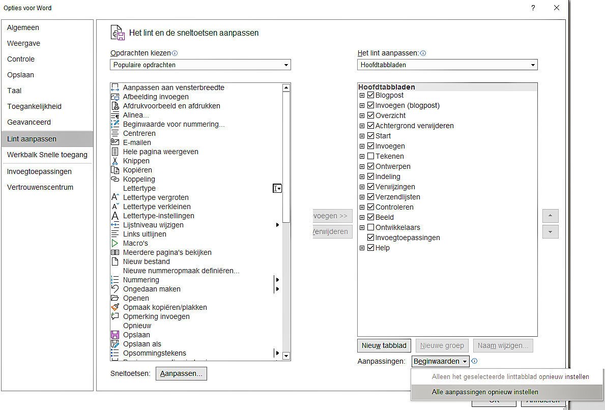 Lintmenu Aanpassen in Office