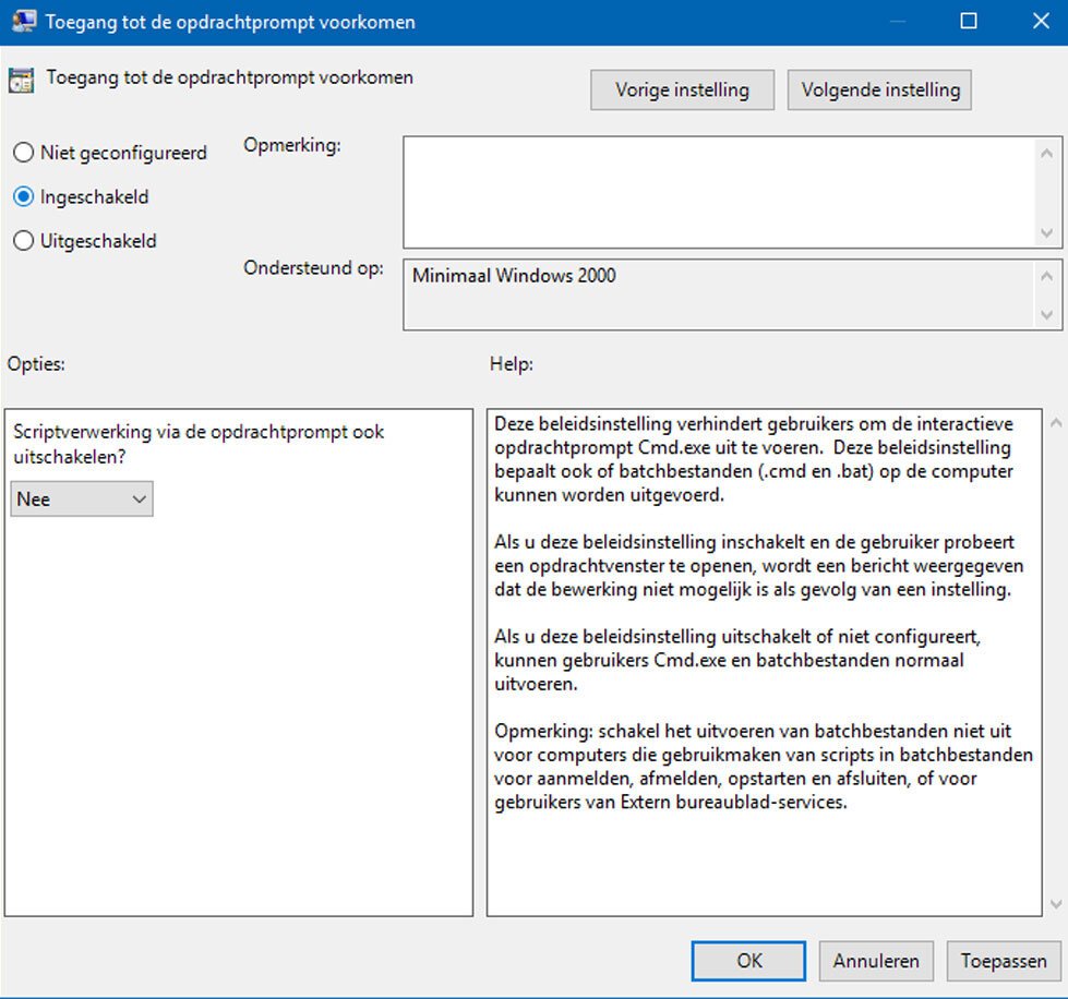 Opdrachtprompt in Windows 10 Uitschakelen