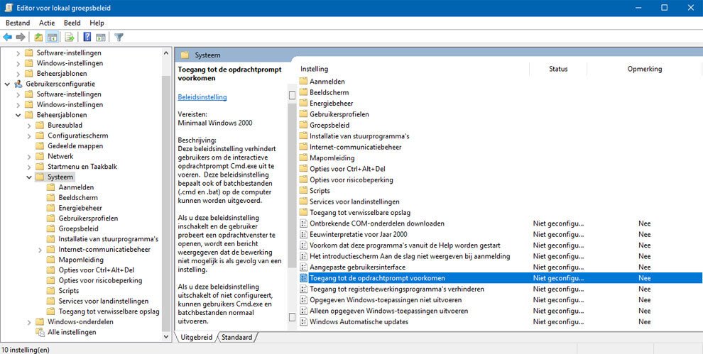 Opdrachtprompt in Windows 10 Uitschakelen