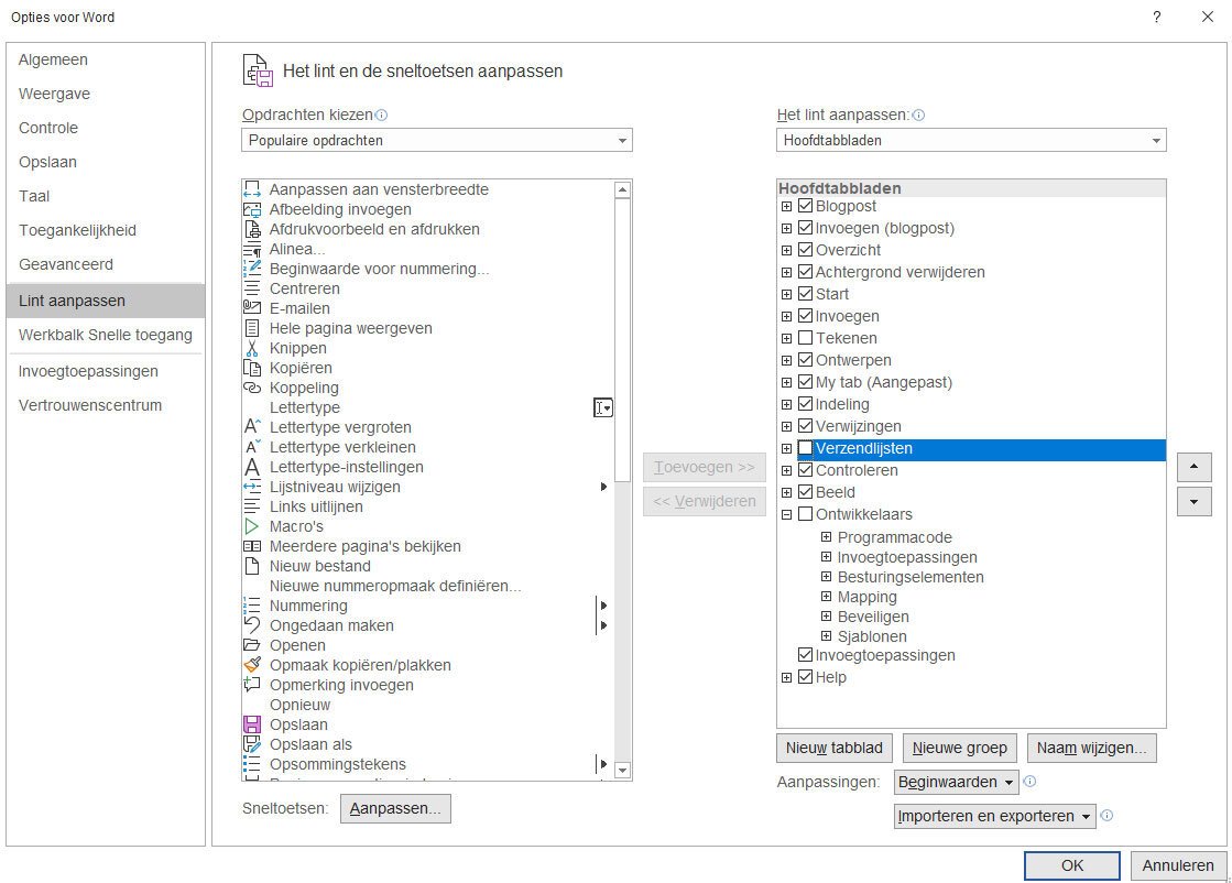 Lintmenu Aanpassen in Office