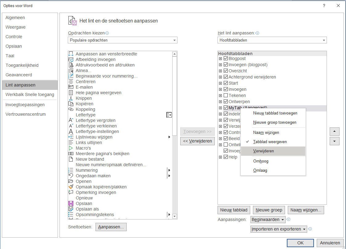 Lintmenu Aanpassen in Office