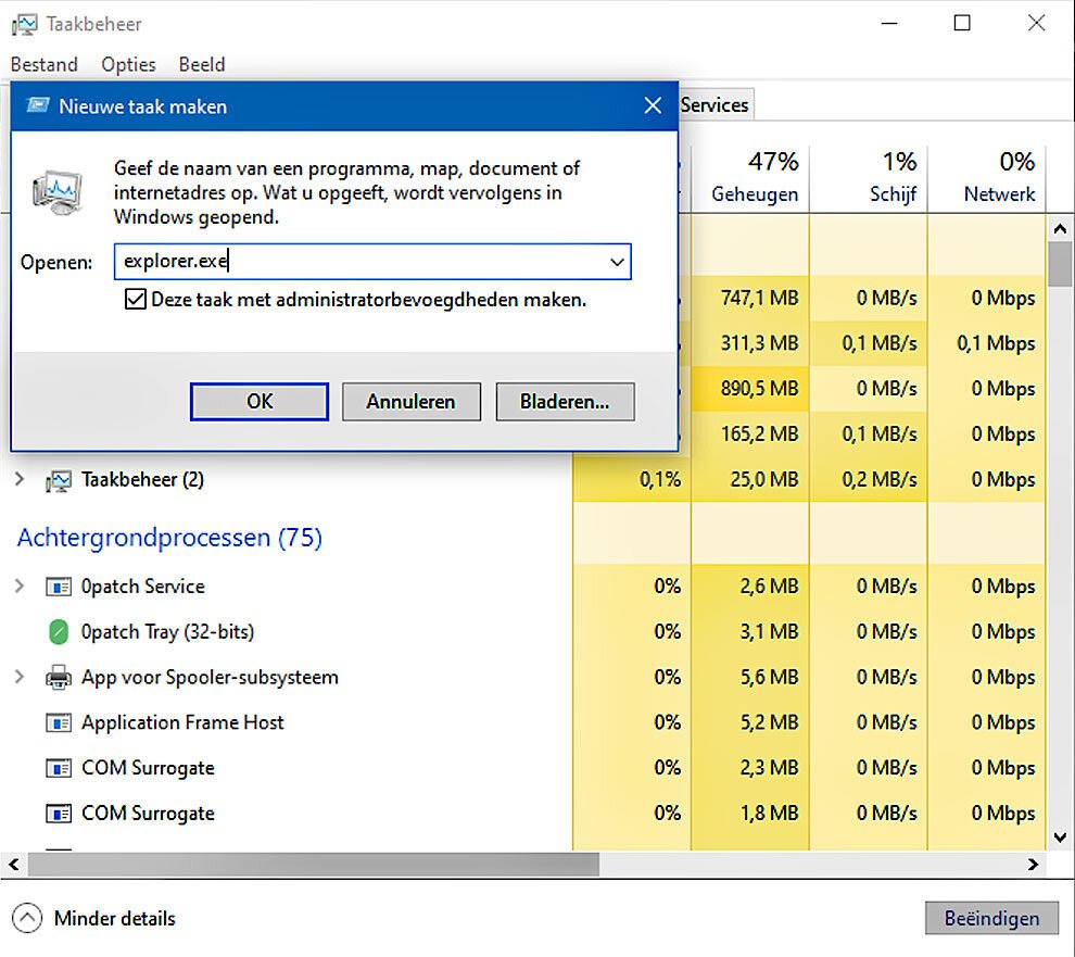 Taakbalk in Windows 10 los van Explorer