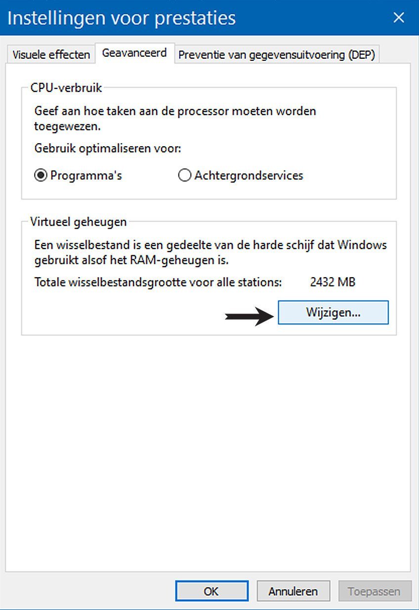 Wijzig Omvang Wisselbestand in Windows 10