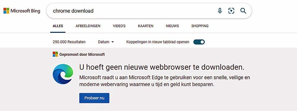 Microsoft Bing Maakt Pop up Tegen Chrome