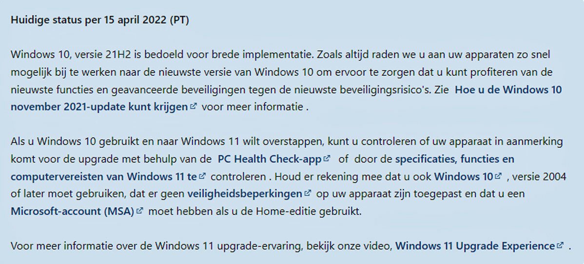 Brede implementatie Windows 10 versie 21H2