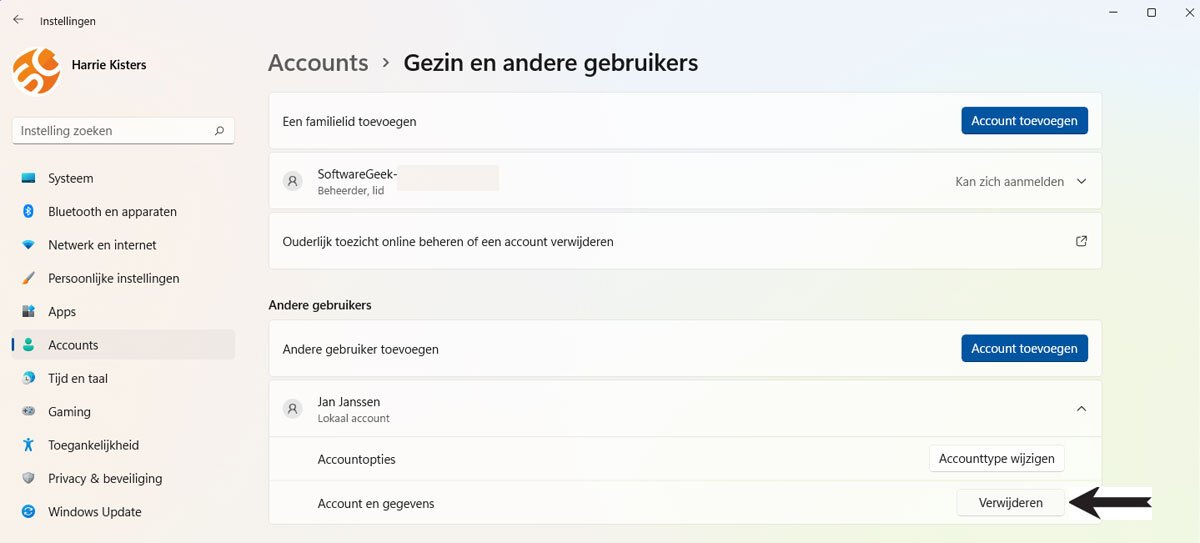 Een Account Verwijderen in Windows 11