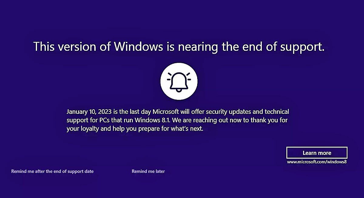 Gebruikers zien melding einde Windows 81