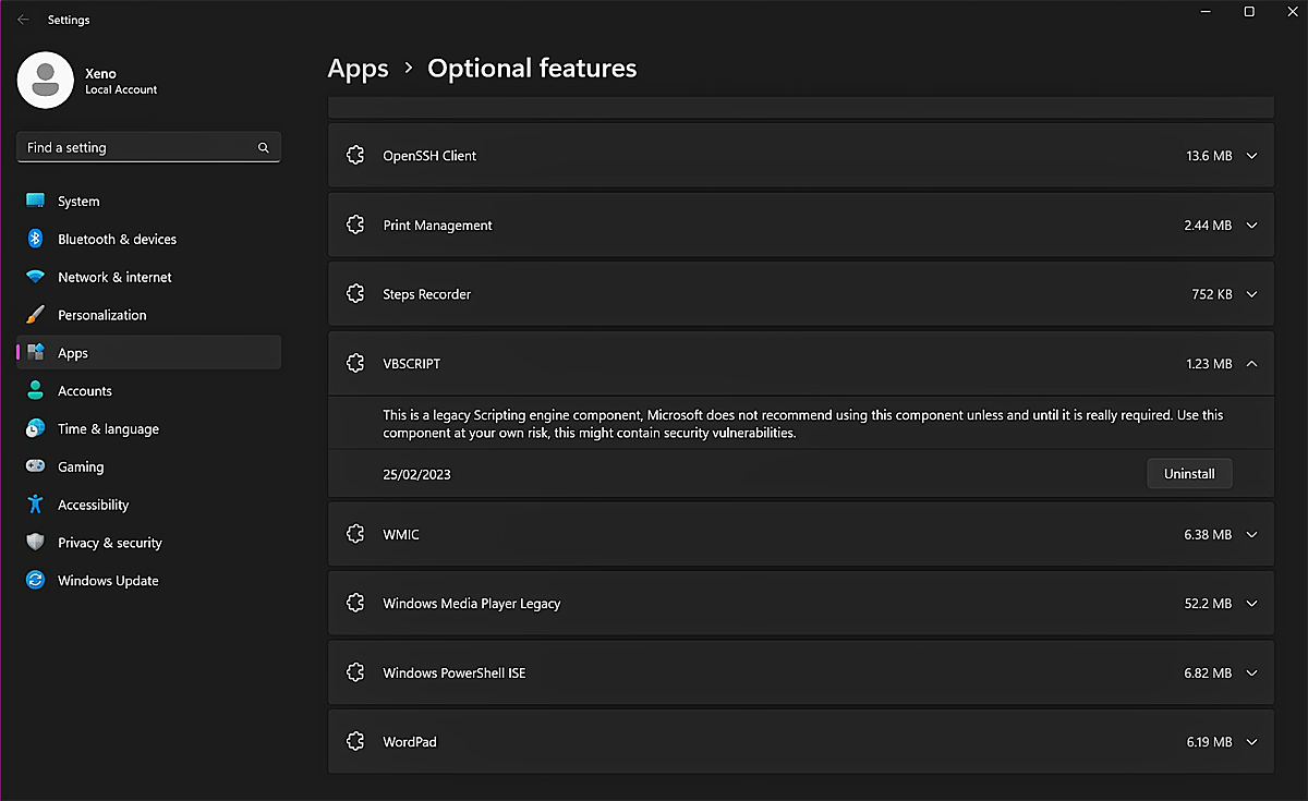 Optie Verwijderen Vbscript in Windows 11