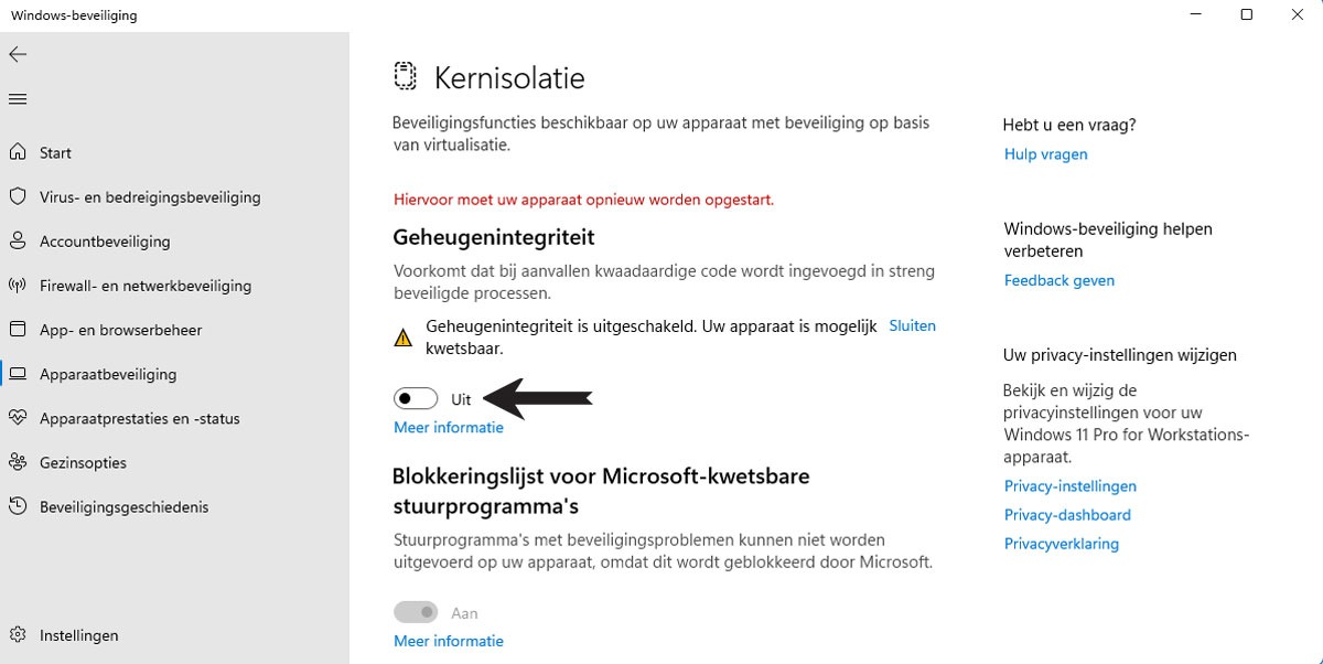 Geheugenintegriteit Beheren in Windows 11