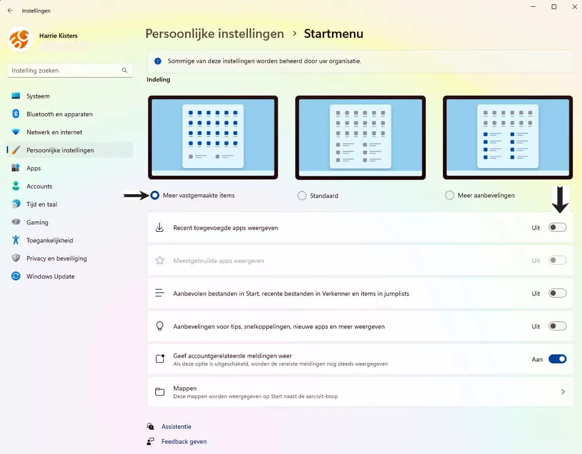 Startmenu Instellingen