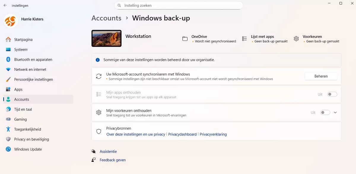  Instellingen > Accounts > Windows Back up