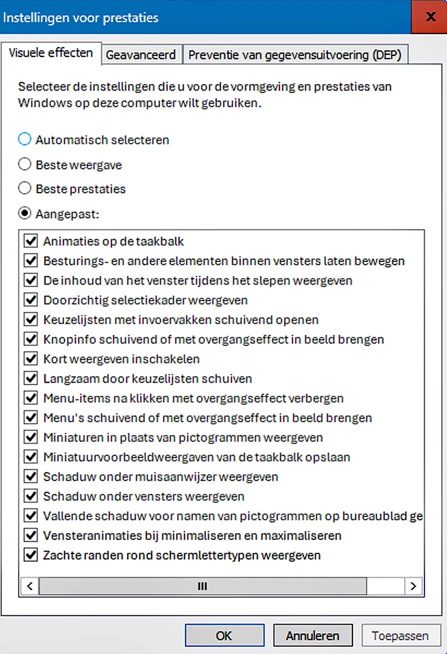 Prestaties Instellingen